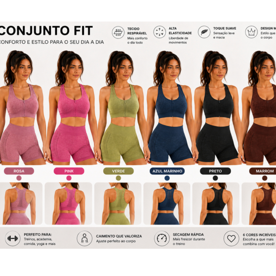 Conjunto Fitness Feminino Top Modelador com Zíper e Short Academia Yoga