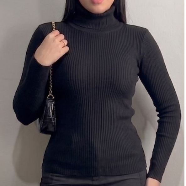 Cacharrel Feminina Blusa Gola Alta Tricot Canelado Manga Comprida Inverno Elegante Tamanho Único