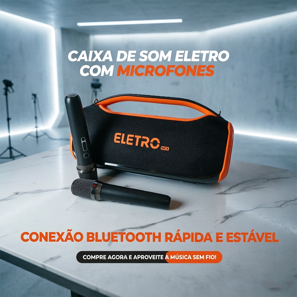 Caixa De Som Bluetooth 300W EletroMex RGB Com 2 Microfones Sem Fio Karaokê Portátil IPX5
