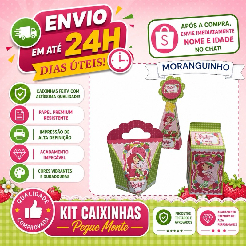 Kit Caixinha Personalizada - MORANGUINHO 001 -Lembrancinha Aniversario - (Milk,Cone,Coração,) Lembrancinhas -PEGUE MONTE