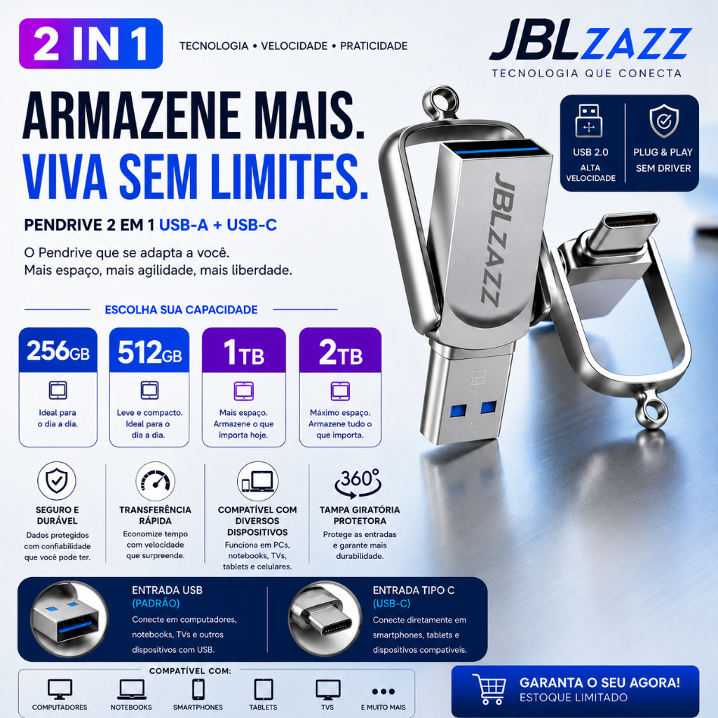 Pendrive 256GB 512GB 1TB 2TB  USB 3.0 e  Tipo C 2 Em 1 Para Celular E PC Pen Drive