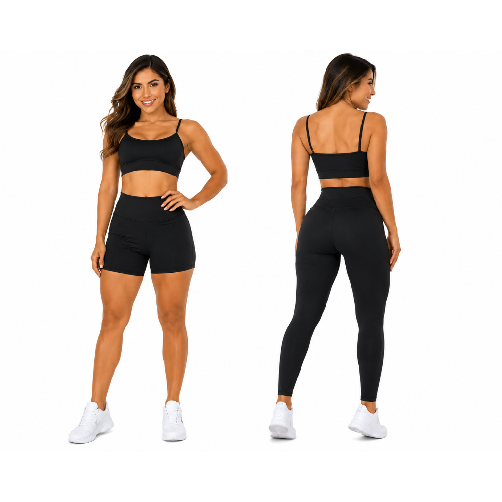 Trio Conjunto Fitness Feminino Poliéster Elastano | Legging + Shorts + Top Sem Transparência Academia
