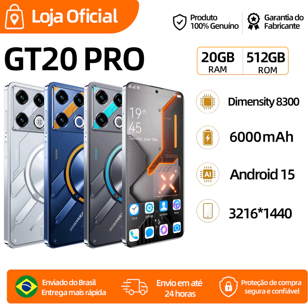 Bobarry Smartphone GT20 Pro 20GB+512GB, 6,78 polegadas 4G/5G Internet/WIFI Celular para jogos
