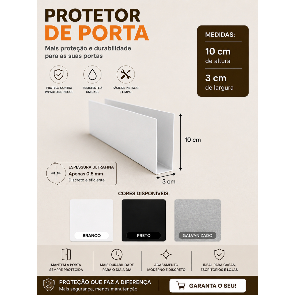Protetor de Porta 3x10cm Branco/Preto/Galvanizado Pintura Eletrostática
