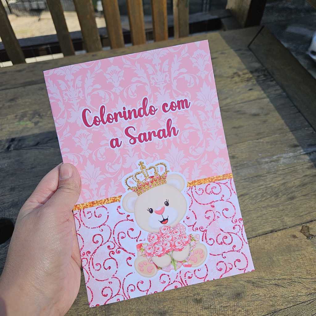 Kit Livrinho de Colorir Ursinha Princesa Rosa + Giz de Cera Personalizado | Lembrancinha Festa Infantil