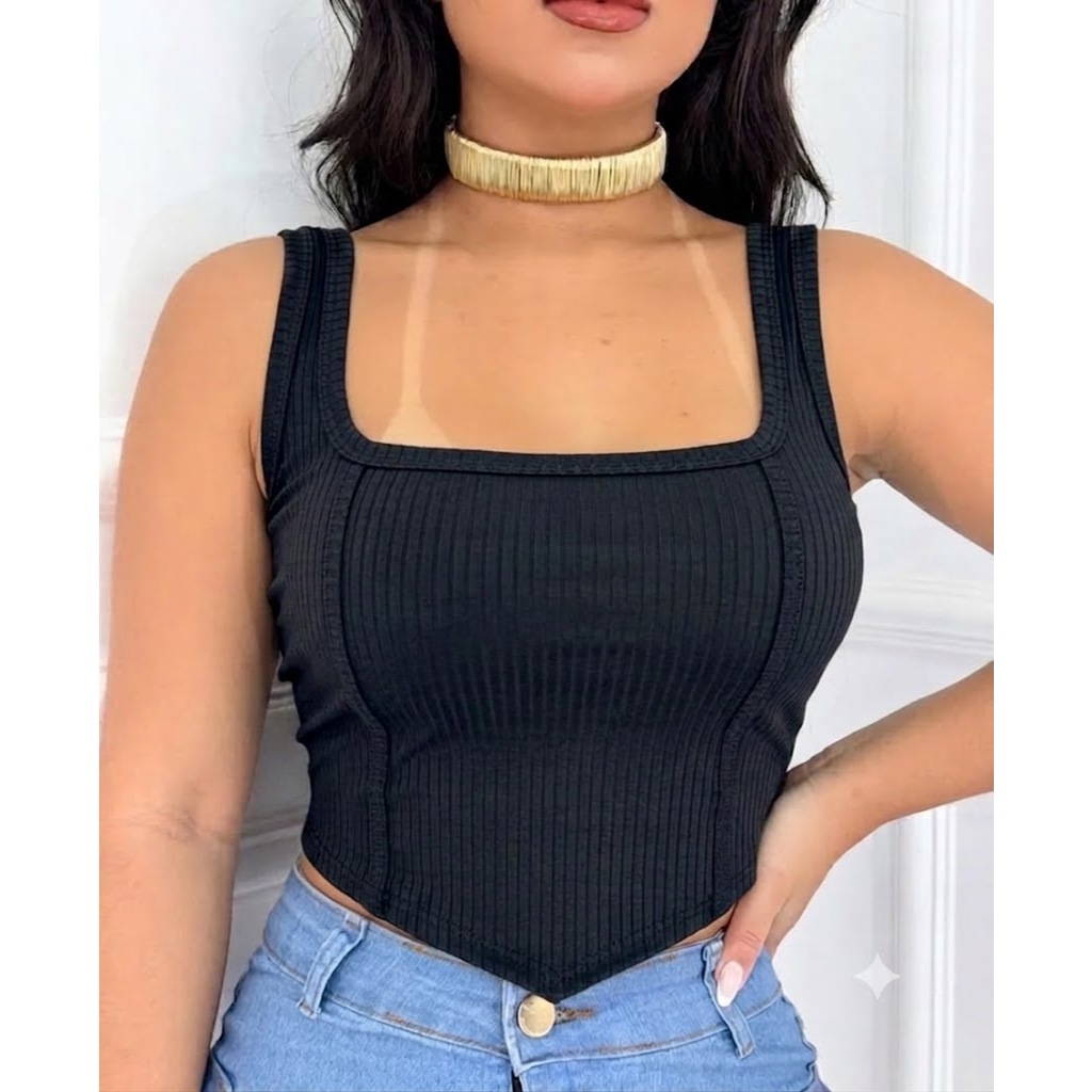 Blusa Cropped Canelado feminino Decote Quadrado com Bojo  Alça Larga Corselet