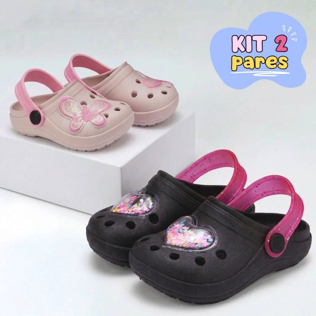 Kit 2 Sandálias Babuche Infantil Mini Clog Infantil Feminino Escolar Dia a Dia