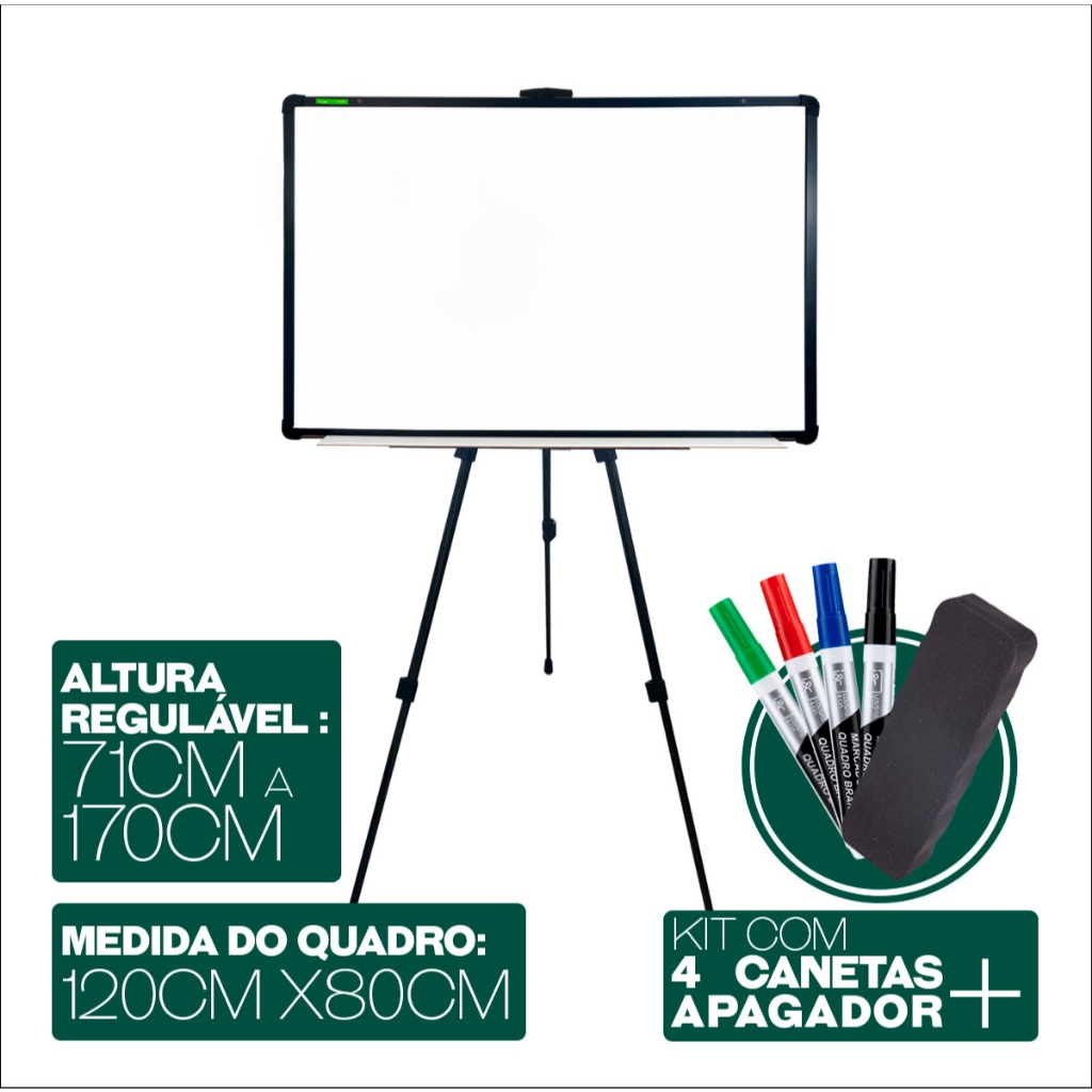 Lousa Quadro Branco 120x80cm + Suporte Tripé Cavalete Regulável + 4 Canetas Coloridas + 1 Apagador