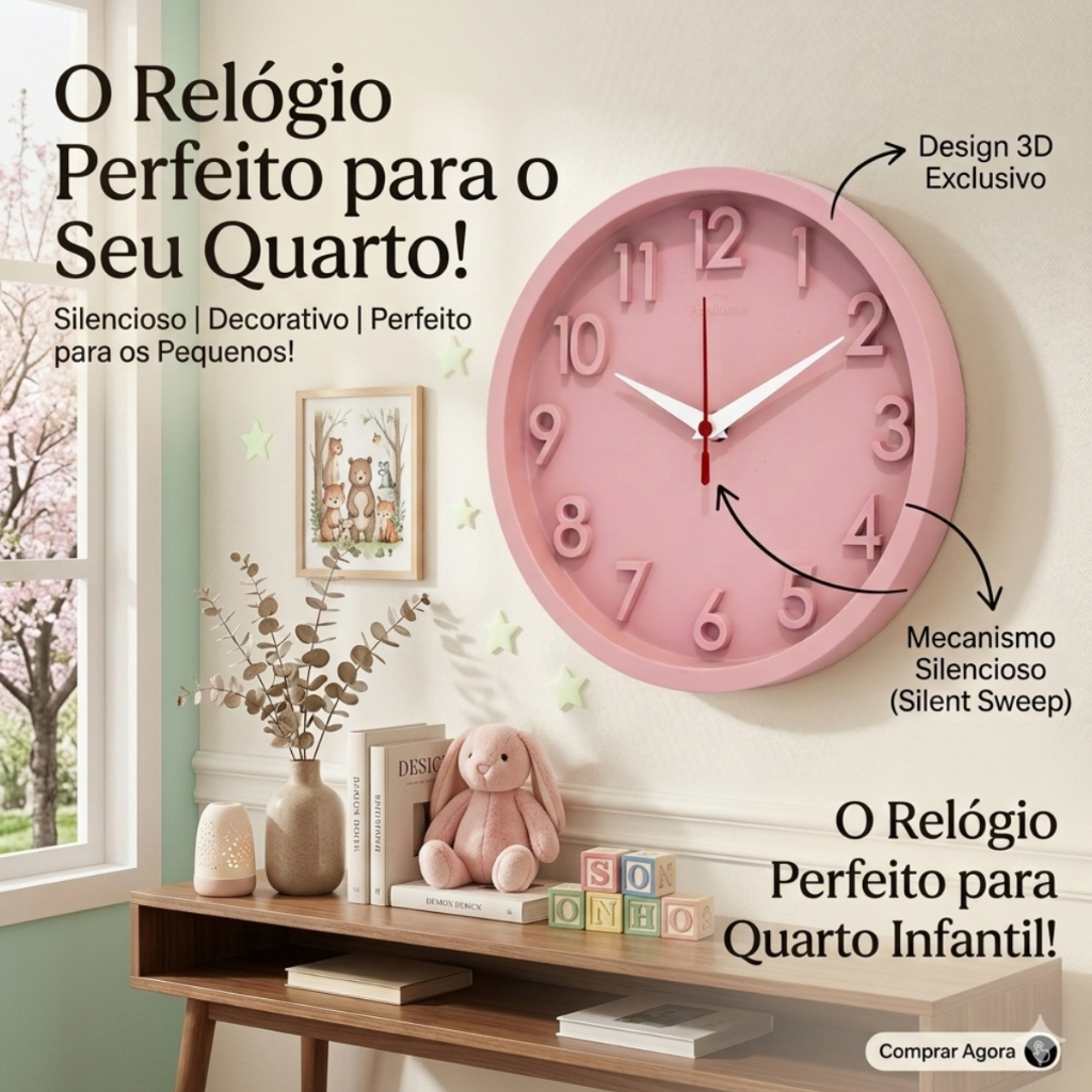 Relógio de Parede 3D Sigma Rosa Plashome Decoração Quarto Infantil Escritório Sala C/ Mecanismo Silencioso