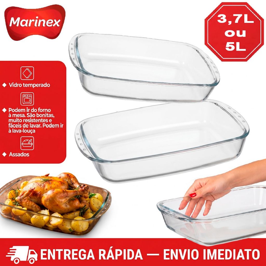 ASSADEIRAS TRAVESSAS RETANGULARES VIDRO TEMPERADO MARINEX NADIR 3,7L; 5L VASILHA POTE