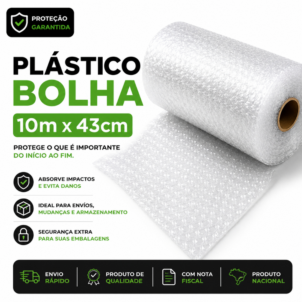 Plástico Bolha 43cm x 10m para Embalagem Proteção Mudança Envio E-commerce