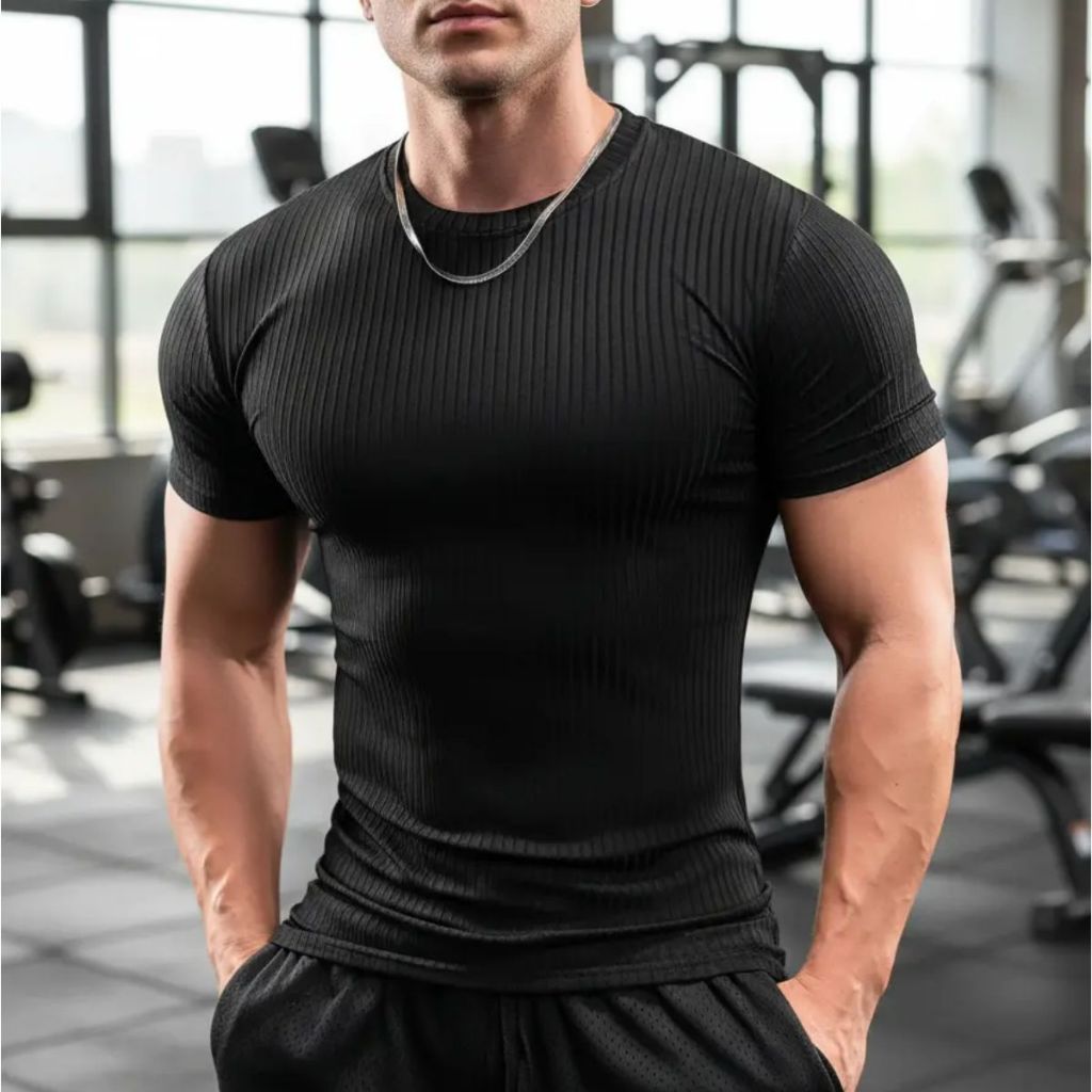 Camiseta Canelada Americana Masculina gola redonda Slim Fit Casual Academia dia dia malha elástica