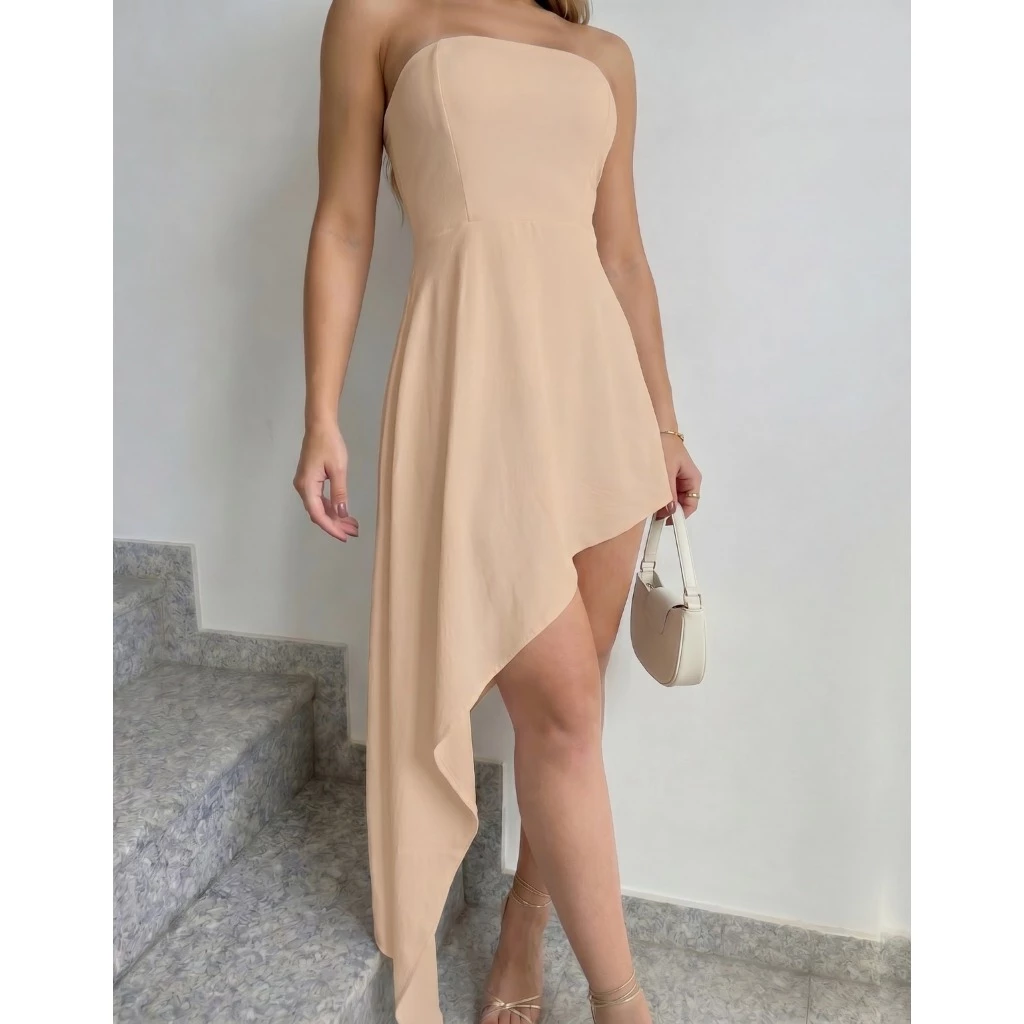 Vestido Assimétrico Bico Tomara Que Caia Crepe Duna Elegante