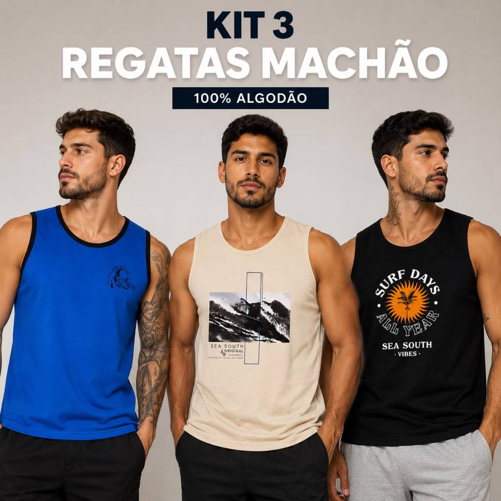 Kit 3 Regatas Machão Camiseta Estampada Masculina 100% Algodão Básica P ao G3 Praia Academia Casual