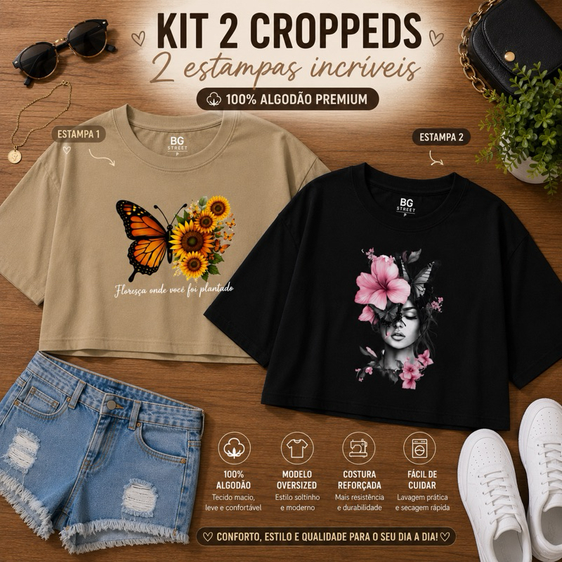 Kit 2 Camisetas Femenina Estampada 100% Algodão Cropped Oversized Streetwear Floral Borboleta Confortavel Frete Grátis