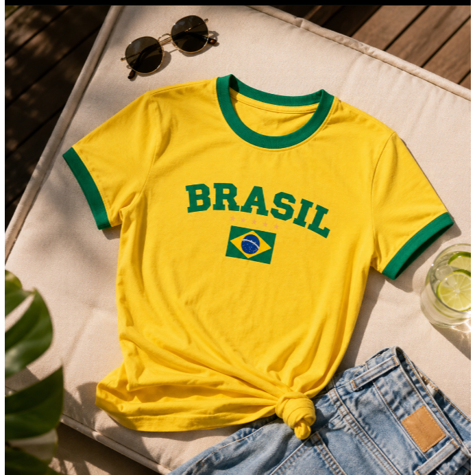 Camiseta BRASIL Feminina Copa do Mundo 2026 Algodão 100% Torcida Casual - PREMIUM 100% Algodao