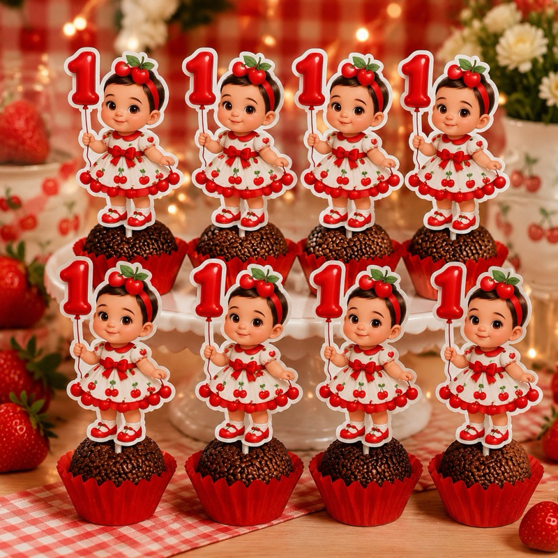 Topo para Docinho Personalizado cerejinha | Cupcake | Trufa | Lembrancinha | Festa Infantil | Aplique Decorativo