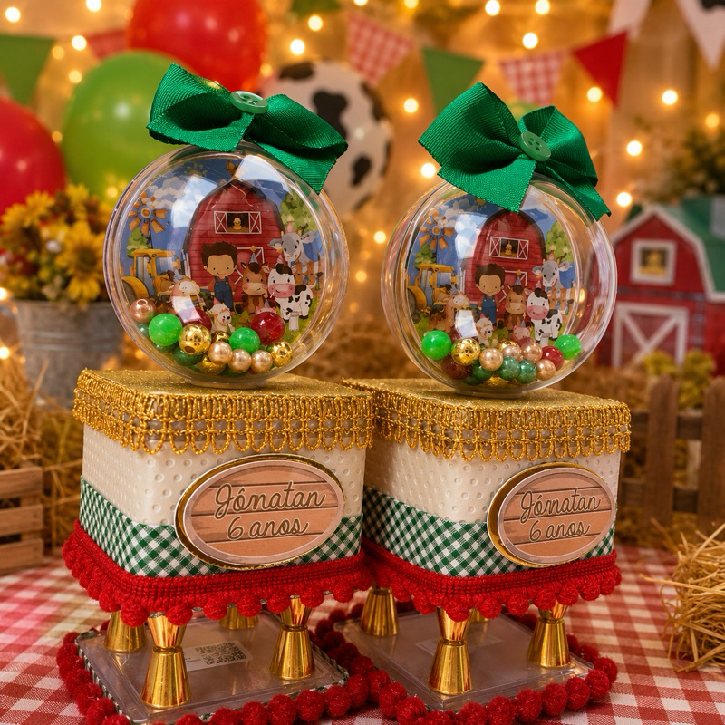 Caixinha Acrílica 6x6 Luxo com Esfera Personalizada FAZENDINHA | Lembrancinha Festa Infantil