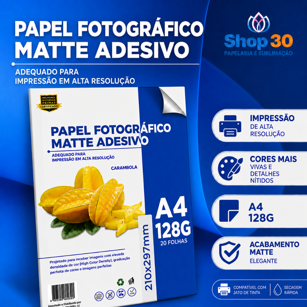 100/40/20 - Folhas Papel Foto Adesivo A4 128g Matte - ENVIO 24H