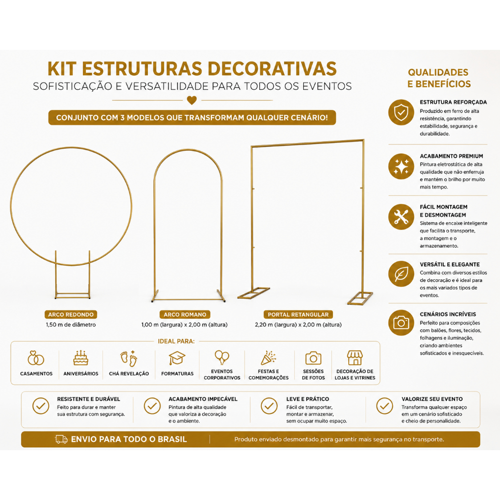 Kit 3 Arcos De Ferro Dourados Redondo E Romano E Retangular Para Decoração De Festas E Eventos Geral