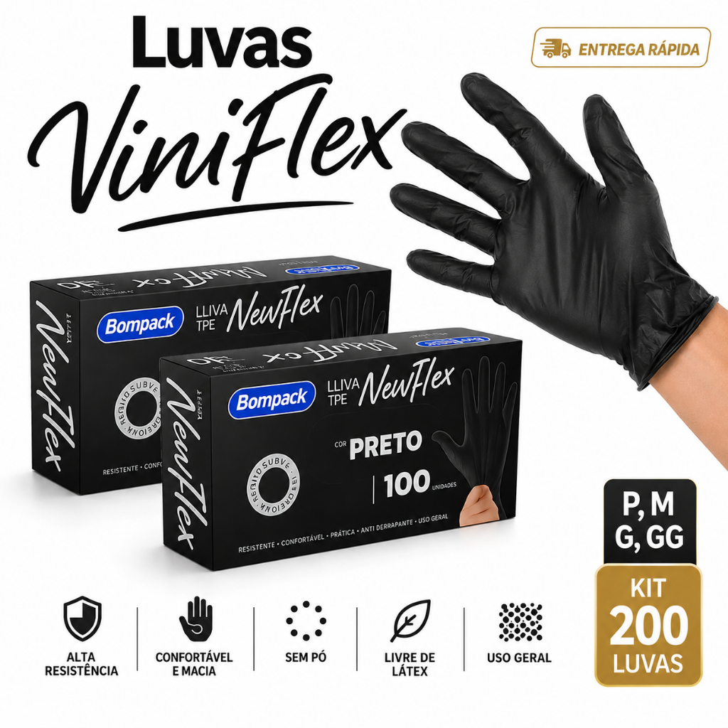 Kit 200 Luvas Viniflex TPE Descartáveis Sem Pó Alta Resistência Multiuso