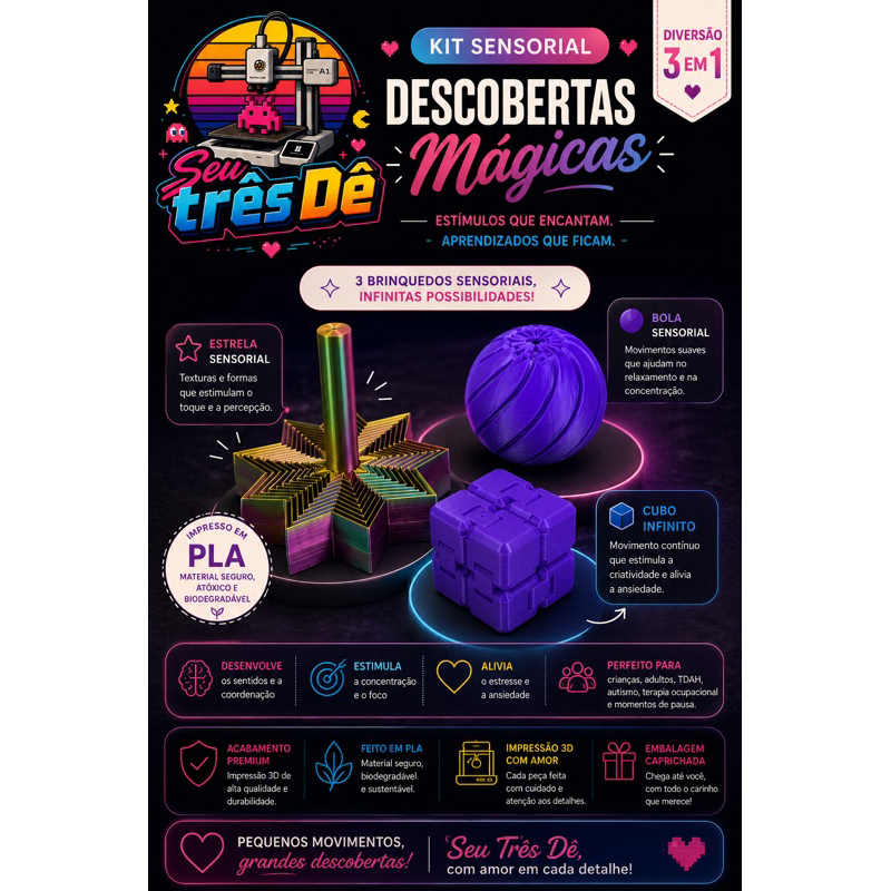 Kit Sensorial Mãos em Movimento 3 em 1 | Cubo Infinito + Bola Sensorial + Estrela Sensorial | Antiestresse | PLA