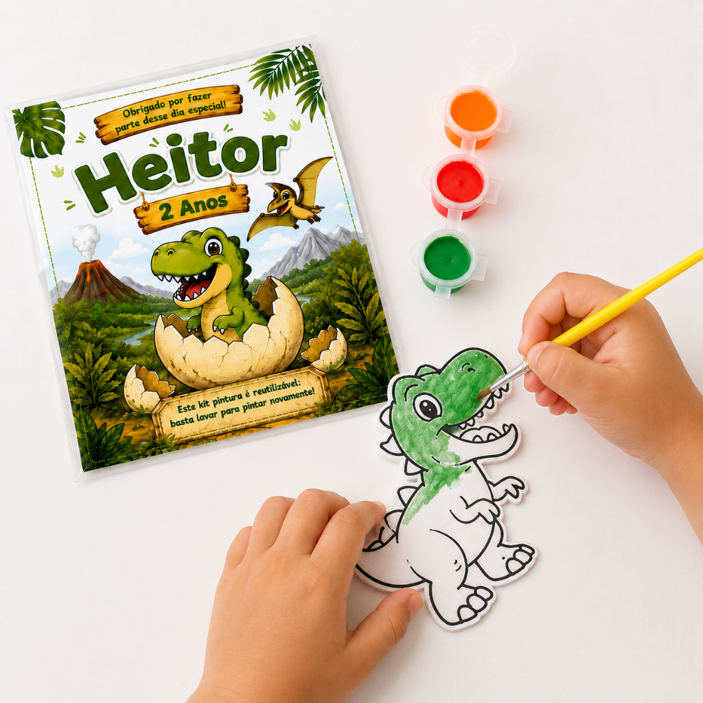 Lembrancinha Kit Pintura Infantil Personalizado Para Colorir Festa Aniversário com Tintas e Pincel Dinossauro