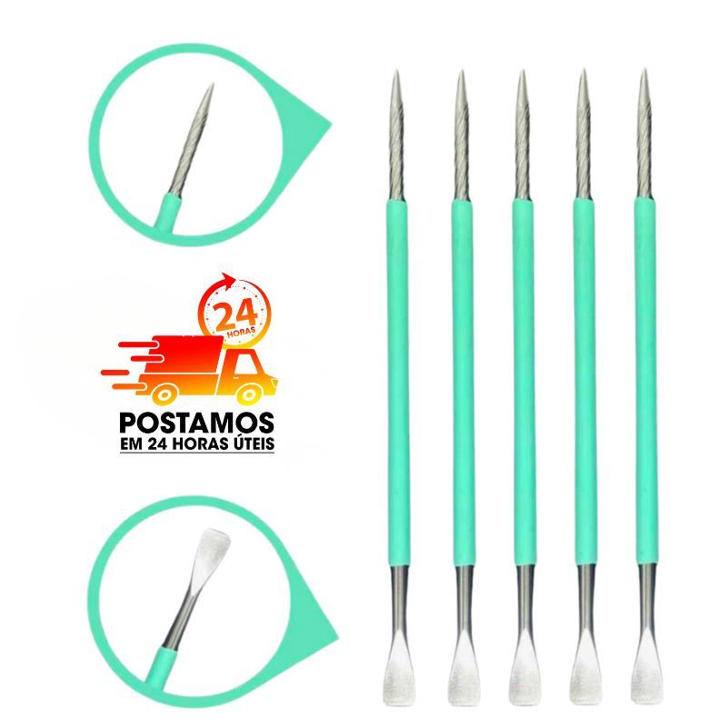 Conjunto de 5 espátulas mistas para unhas com pontas em aço inox e cabos de silicone na cor verde, exibindo detalhes das pontas em círculos de destaque.