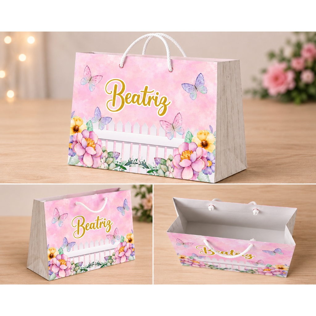 10 Sacolinha Personalizada Jardim Encantado com Borboletas- Pegue e Monte
