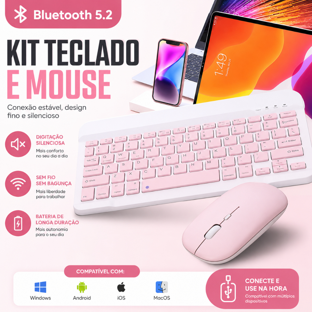 Kit Teclado e Mouse Bluetooth 5.2 Sem Fio Slim Silencioso Compatível com Notebook Bluetooth Windows 10+Ios Andr