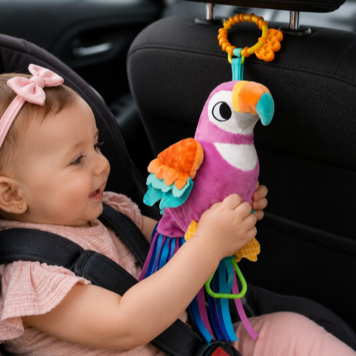 Brinquedo de pelúcia Papagaio Laila para bebê da BUBA | Sensorial interativa com Chocalho e Mordedor, para menina