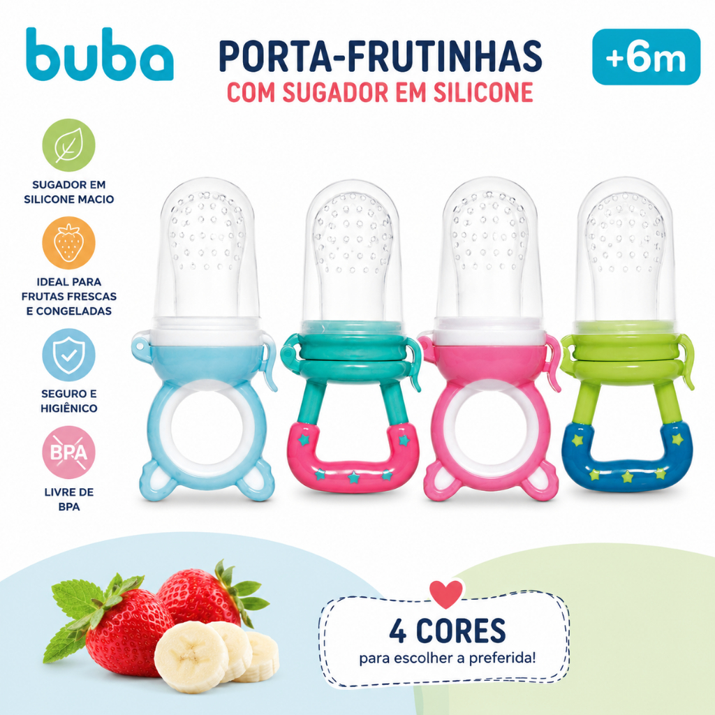 Porta Fruta Buba para Bebê Chupeta com Mordedor em Silicone