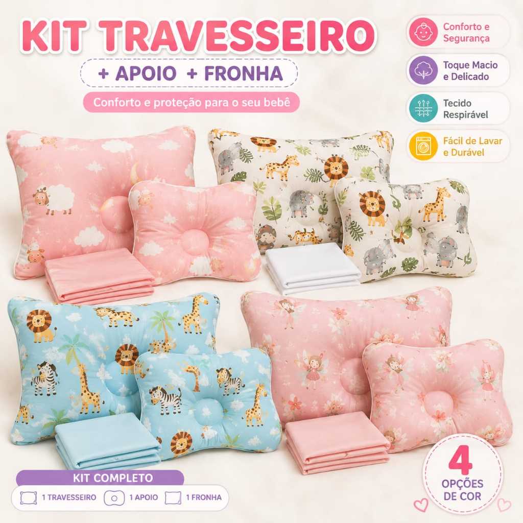 Kit Travesseiro Antissufocante Bebê 3 Peças Anatômico Berço Recém Nascido