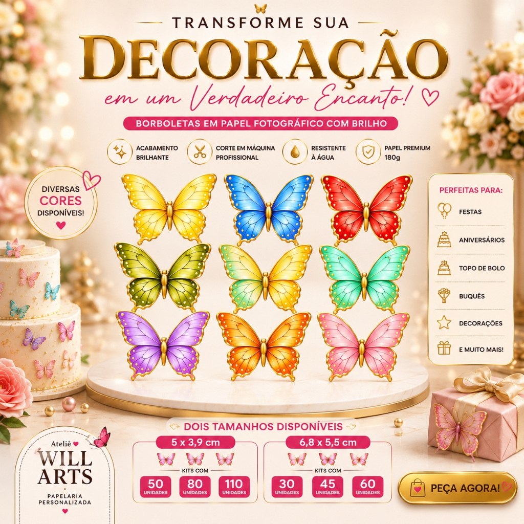 Aplique Borboletas Luxo, ideal para Decoração, Festa, Casamento, Buquê, Topo de Bolo Enfeites - Papelaria Personalizada