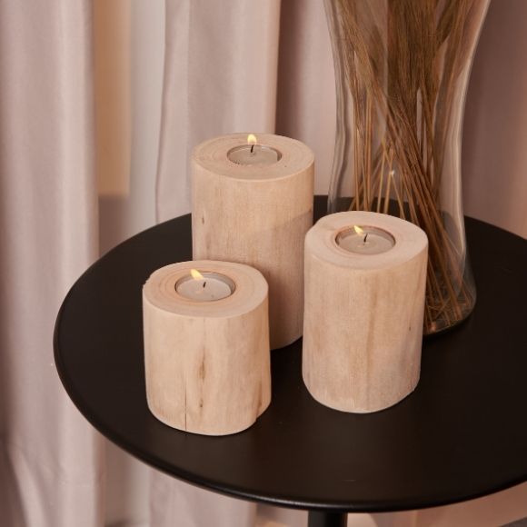Kit 3 Castiçais de Madeira Maciça Eucalipto para Vela Rechaud Decoração Rústica — imagem 2 de 2