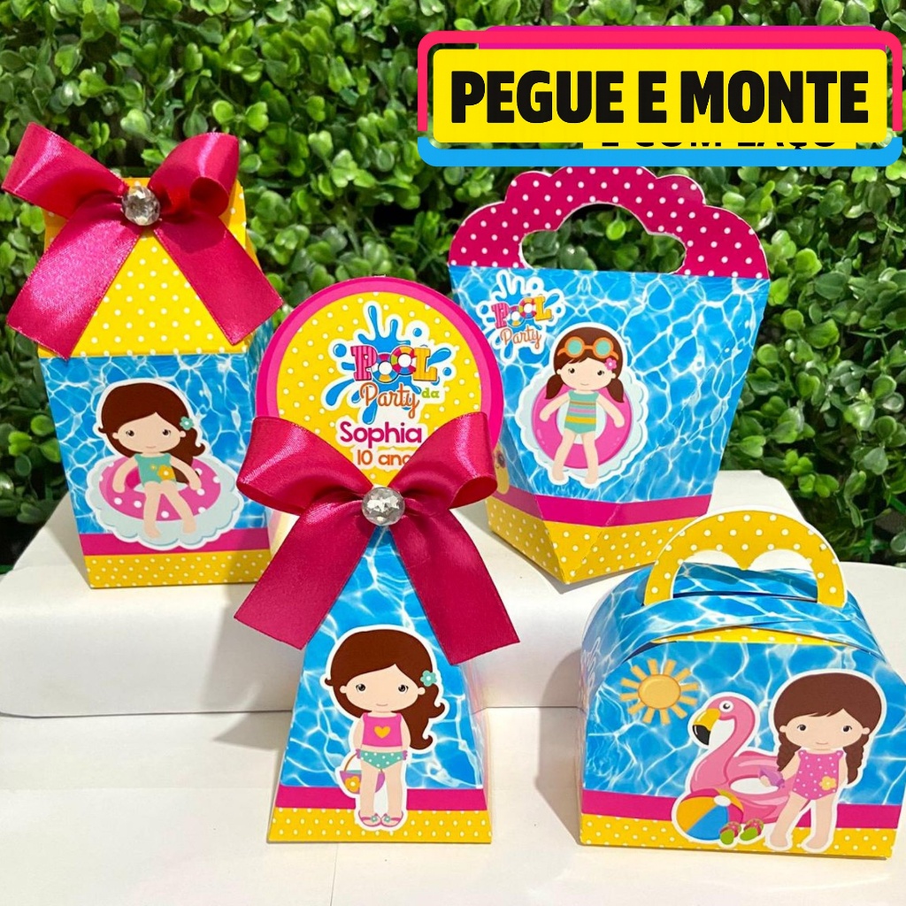Kit Caixas Personalizadas POOL PARTY MENINA Lembrancinhas Festa Infantil Aniversário Desmontadas