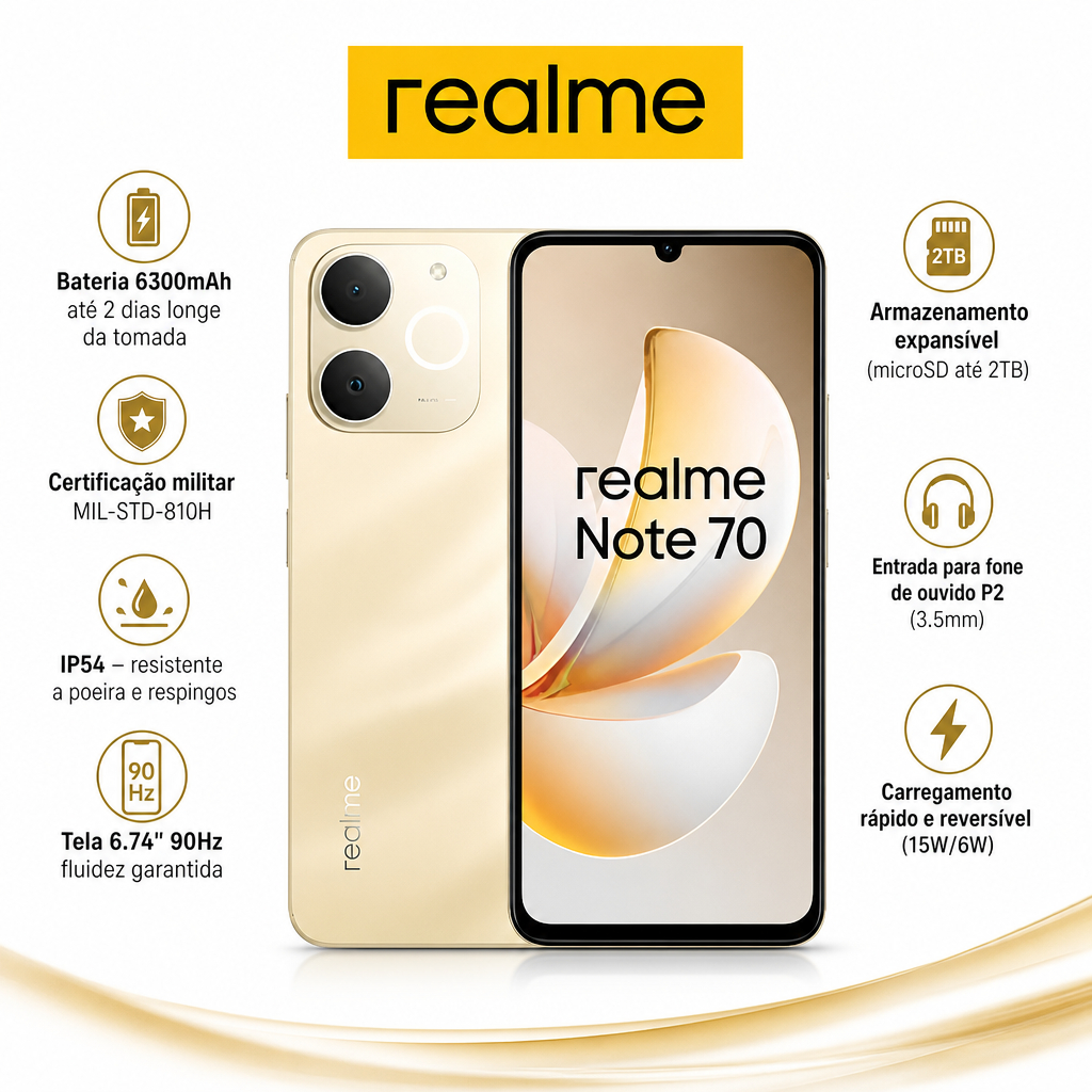Celular realme NOTE 70 Smartphone 4+256 GB 2ANOS E IA GARANTIA Original Versão Global Bateria 6300mAh Câmera 50MP Tela 6