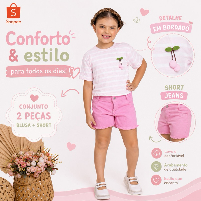 Conjunto Infanto Juvenil Feminino Meninas Blusa Bordada com Short Jeans Moderno, Estiloso e Tendência Veste 4 a 10 Anos