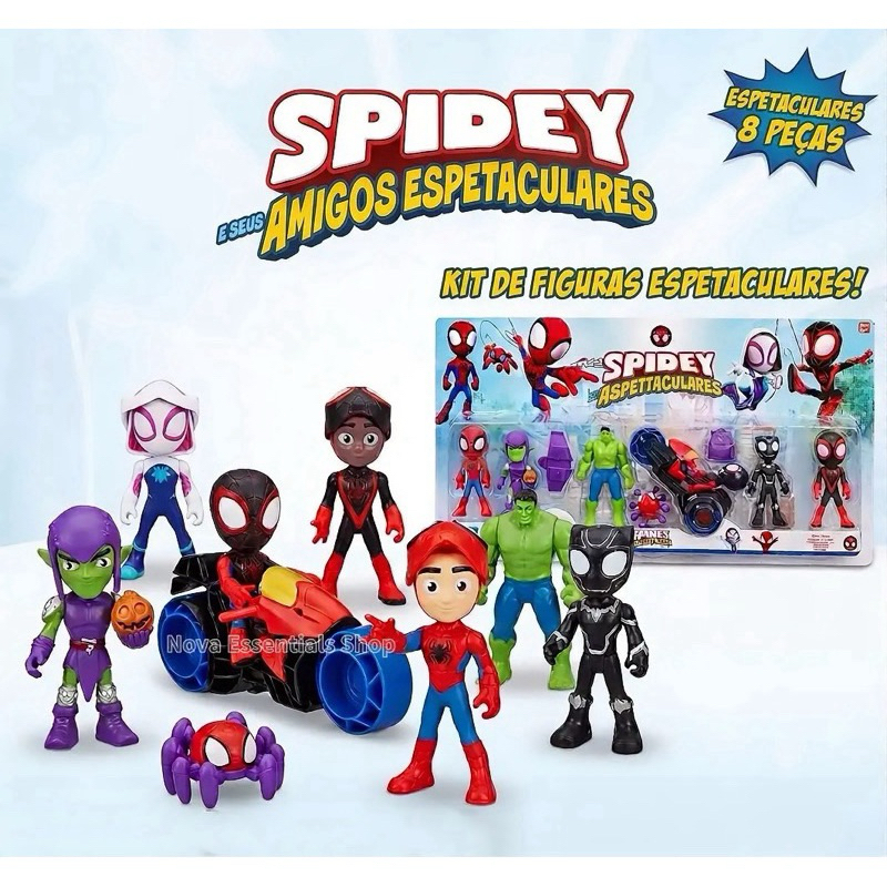 Kit Spidey e Seus Amigos Espetaculares 7 Bonecos + Moto + Acessórios Homem Aranha Hulk Miles Gwen