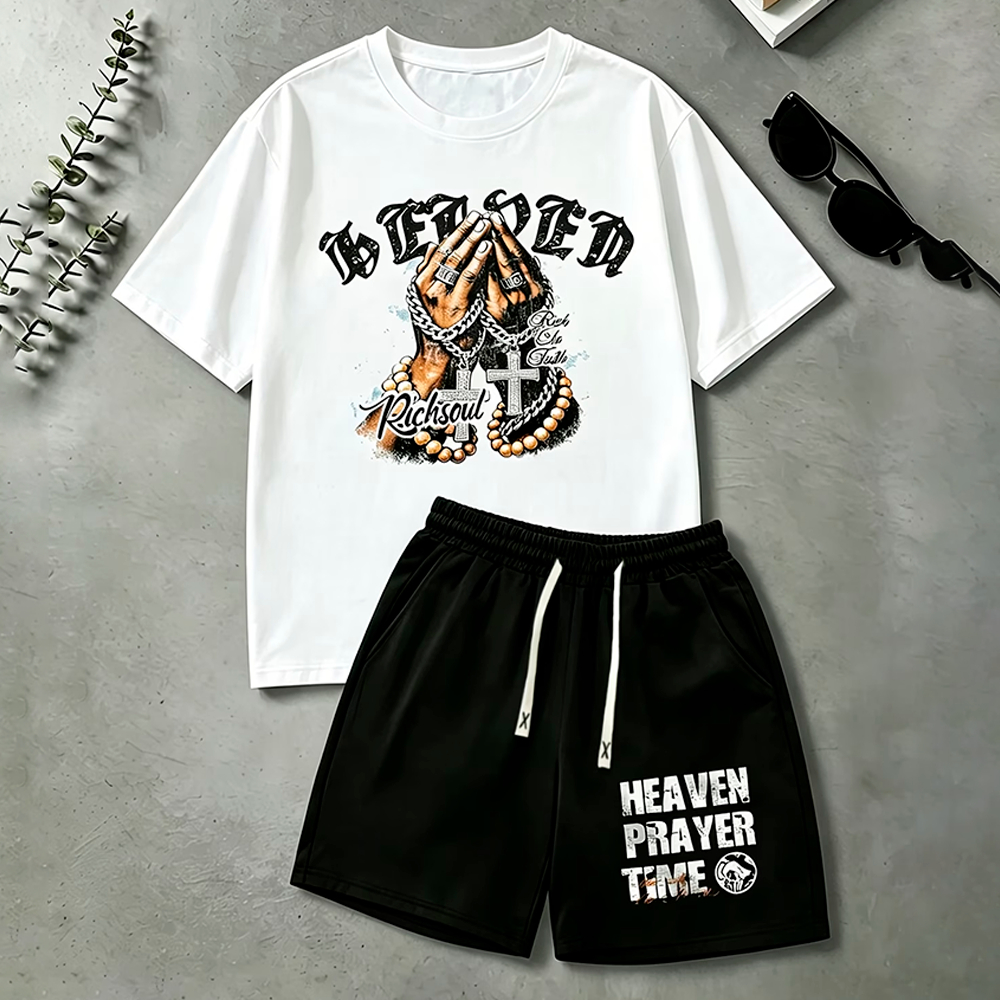 Conjunto Camiseta Oversized + Short Bermuda Moletom com Cordinha Fé em Cristo Streetwear Gótico Y2k Unissex Estampado