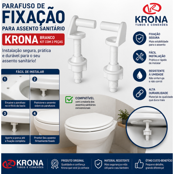 Jogo de Parafusos para Assento Sanitário Krona - Fixação Firme e Estética Discreta