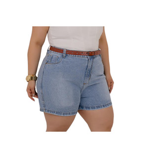 Short Jeans Feminino plus Size Sem Lycra, Cintura Alta Com Detalhe De Cinto, Revesst Jeans.