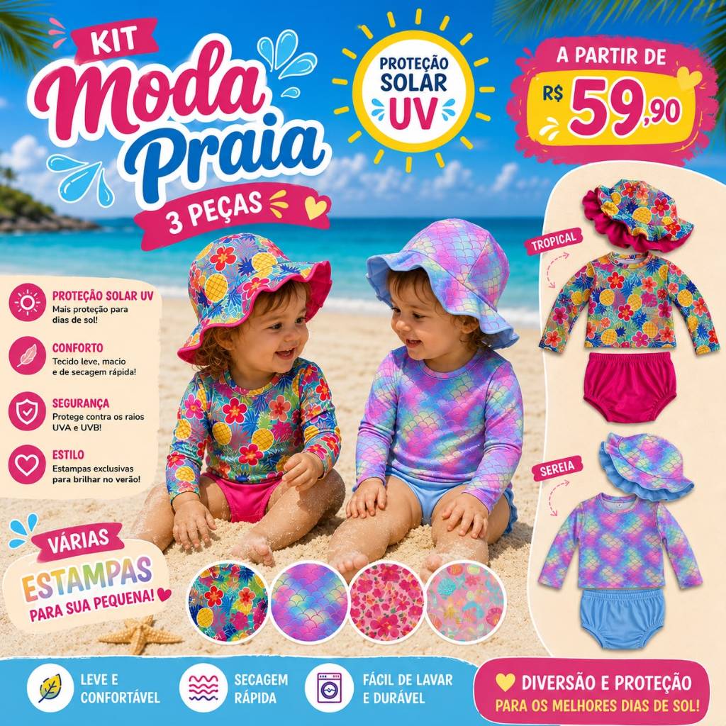 kit Bebê Blusa com Proteção Solar UV+Tapa Fralda(Calcinha do biquini) e+Chapéu- Moda Praia e Piscina Menina M ao 3