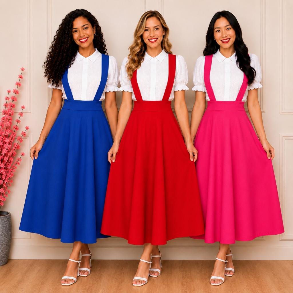 Salopete Max Midi A PRONTA ENTREGA! Vestido Feminino Rodado Jardineira Longa Moda Evangélica Soltinho
