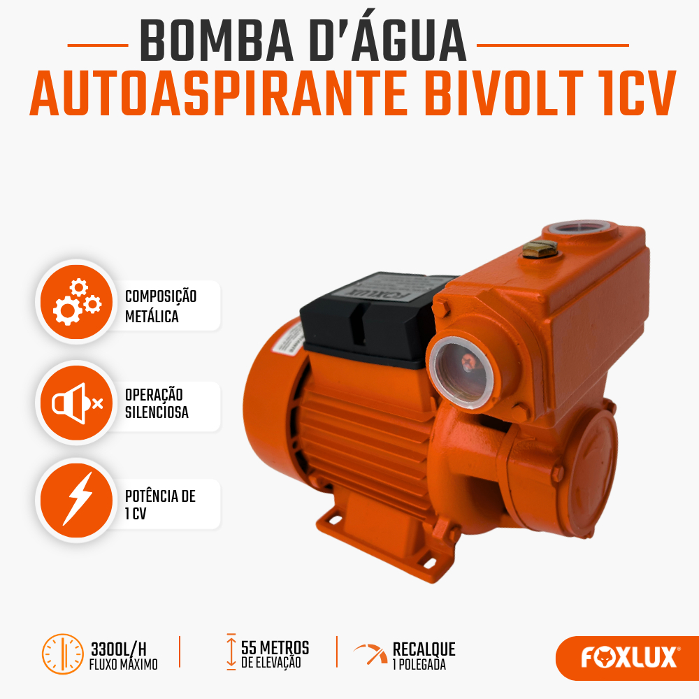Bomba Periférica Autoaspirante Bivolt Foxlux para Irrigação, Jardim e Uso Doméstico