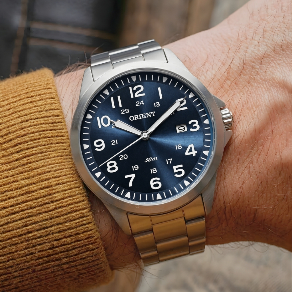 Relógio Orient Masculino Prata Fundo Azul Analógico Clássico Sofisticado Casual Aço Inoxidável Original
