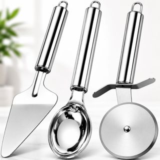 Kit 3 Em Inox Colher De Sorvete/Açaí Carretilha Cortador De Pizza E Espátula De Bolo