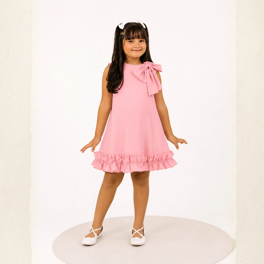 Vestido Infantil Feminino Laço Ombro Babado Rodado Elegante Tendência 2026