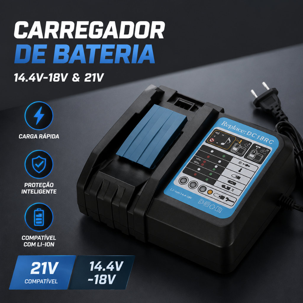 Carregador De Lítio 14.4v-18v e 21v Carregamento Rápido P/ Makita