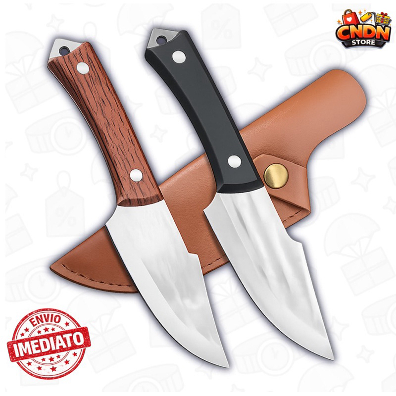 Faca Desossa Profissional Afiada Churrasco Camping Pesca - Aço Inox Cabo Madeira Bainha Couro PU